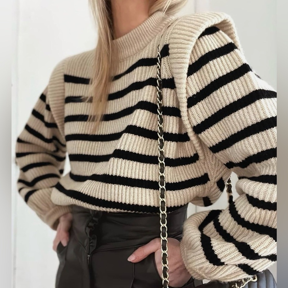 LouKeith Olive Striped Crewneck Latern Sleeve Knit Sweater